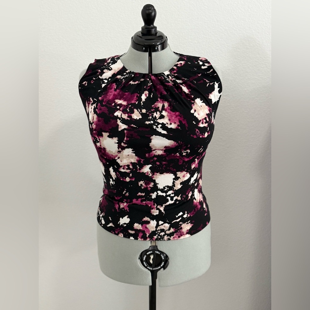 CALVIN KLEIN Women's Pleated-Neck Sleeveless Multicolor Clouds Top Size M